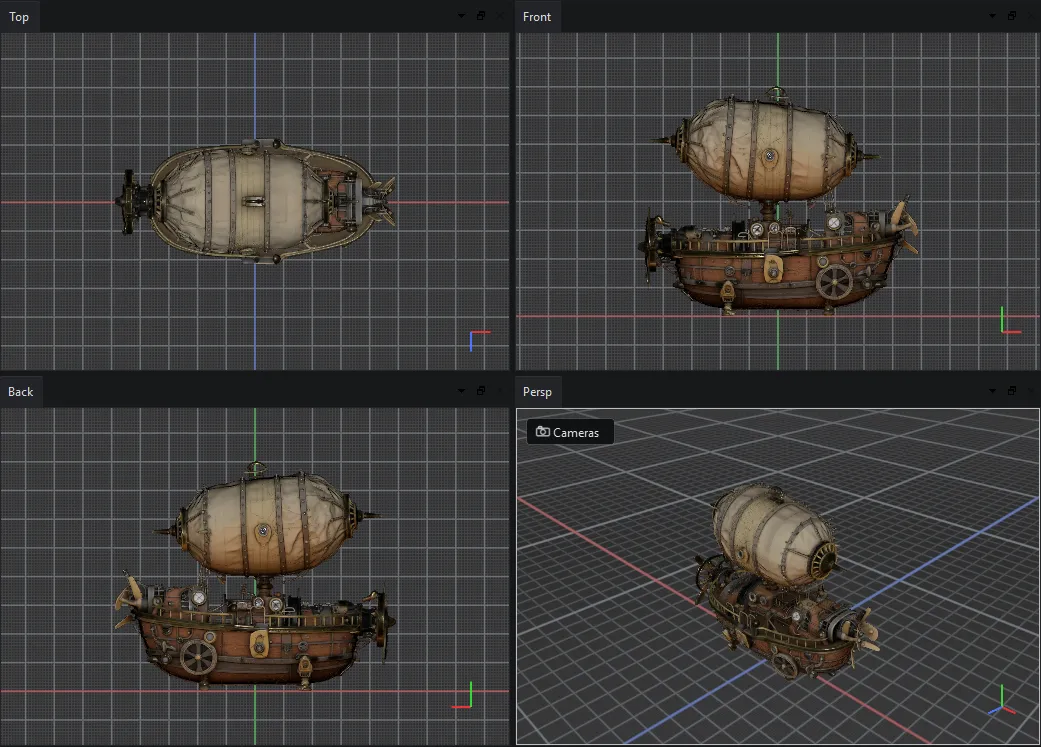 A four-pane viewport layout showing Top, Front, Back, and Perspective views of a model, powered by Hydra 2