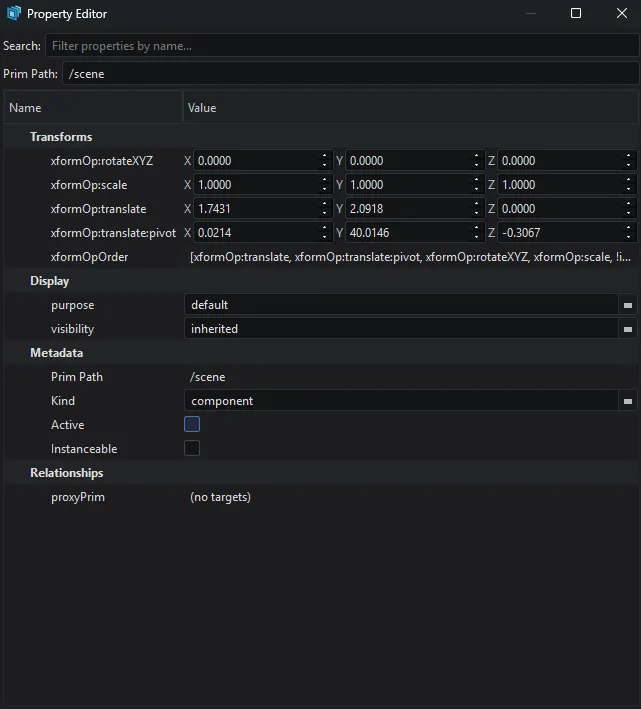 The Property Editor panel showing Transforms, Display, Metadata, and Relationships sections for a prim