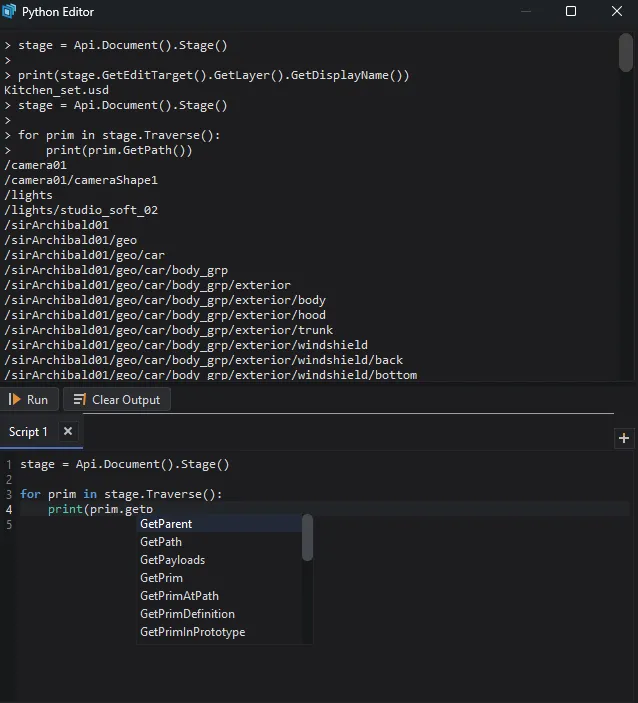 The built-in Python Editor console with syntax highlighting and autocomplete suggestions